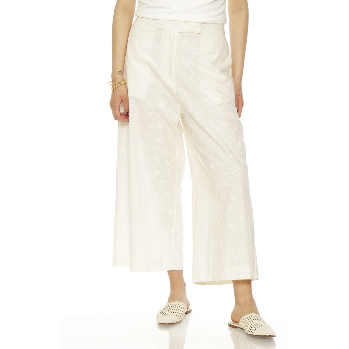 WADOS - PANTALON WIDE LEG LINO BORDADO TIRO ALTO PRETINA BASICA