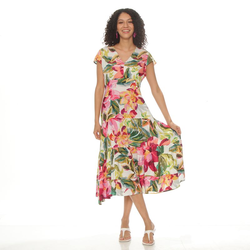 WADOS - VESTIDO MANGA CORTA ESTAMAPADA ESCOTE V CONCORTE EN CINTURA