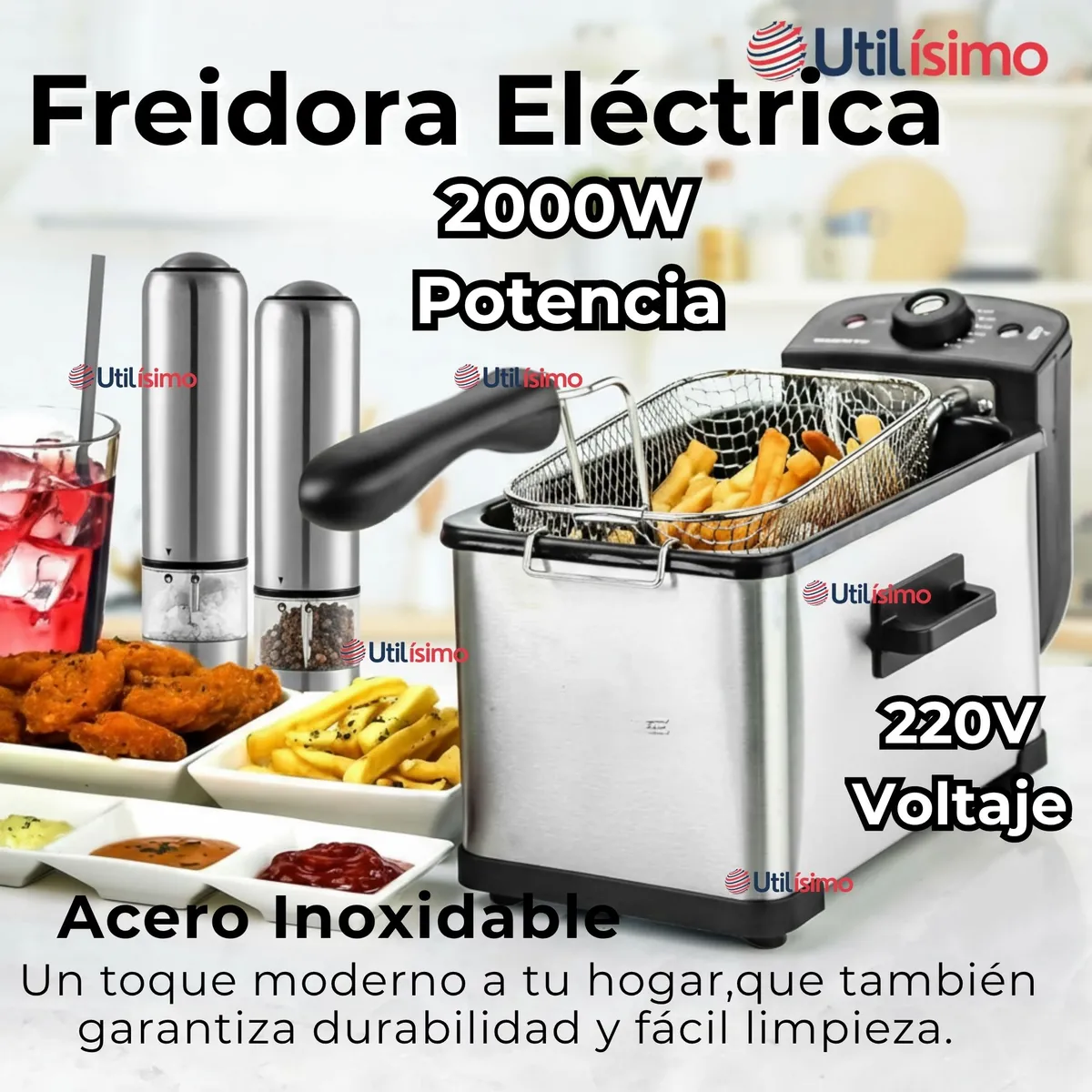RAF - Freidora de Aceite 3L Eléctrica 2000W de Potencia Acero Inoxidable