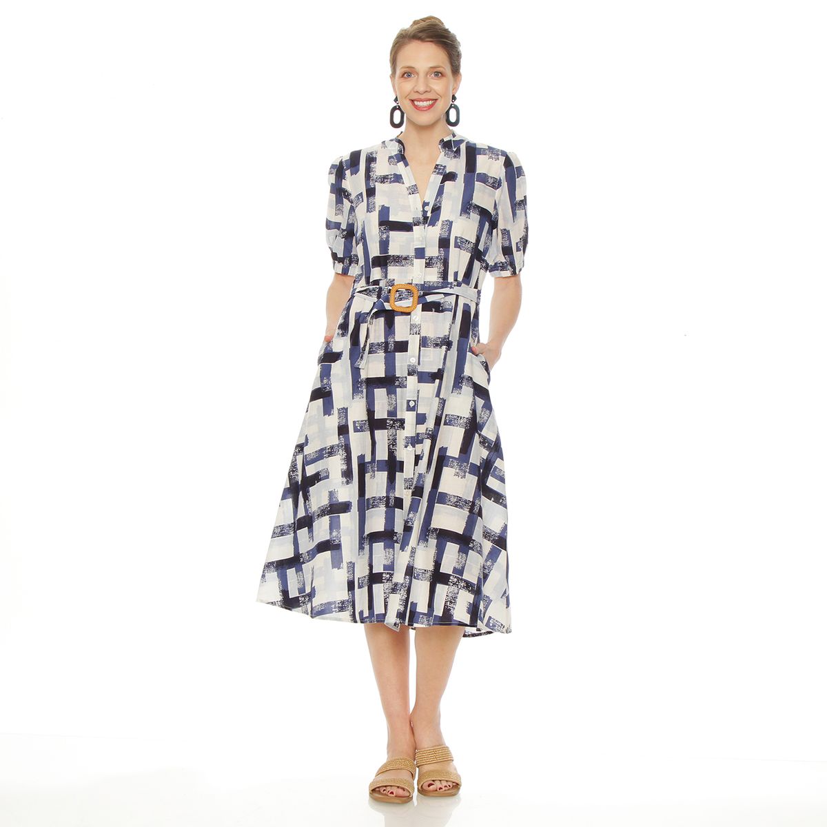 WADOS - VESTIDO MANGA CORTA ESTAMPADO ABOTONADO EN DELANTERO Y CINTURON