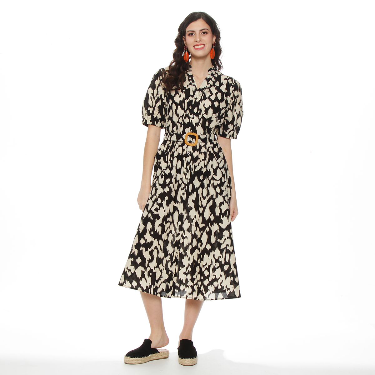 WADOS - VESTIDO MANGA CORTA ESTAMPADO ABOTONADO EN DELANTERO CON CINTURON