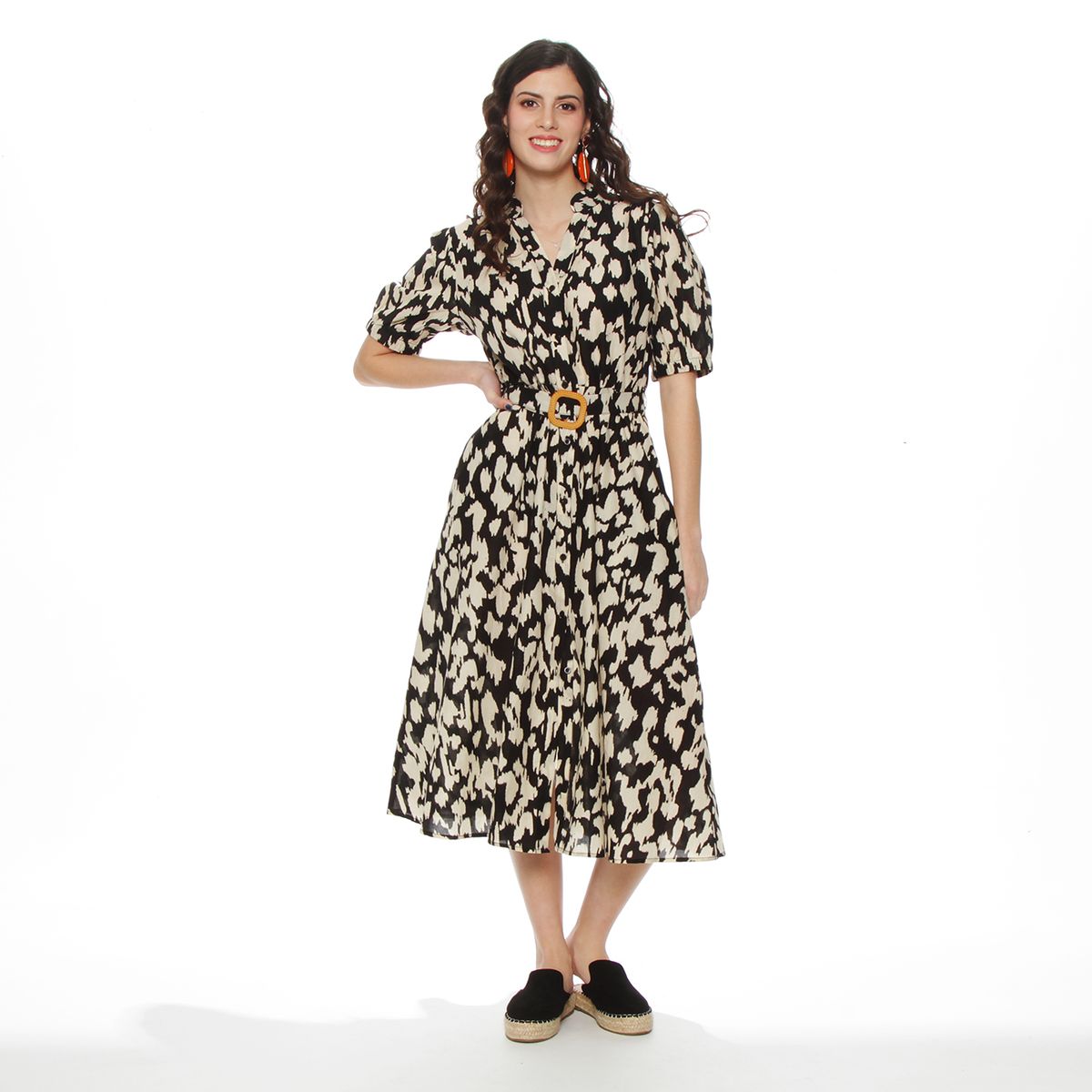 WADOS - VESTIDO MANGA CORTA ESTAMPADO ABOTONADO EN DELANTERO CON CINTURON