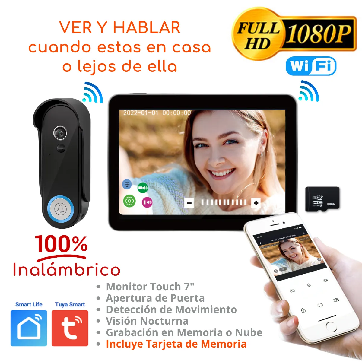 D MOTICA - Video Portero Wifi Inteligente Full Hd INALÁMBRICO con Baterías