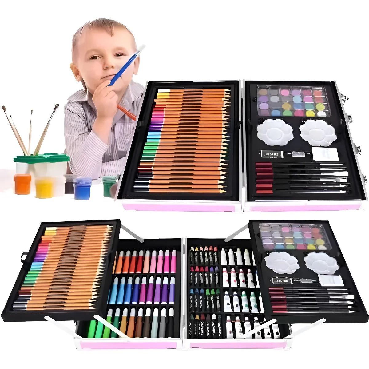 GENERICO - Kit Dibujo Niña 145 Piezas En Maleta Aluminio Doble Piso Rosado Liso