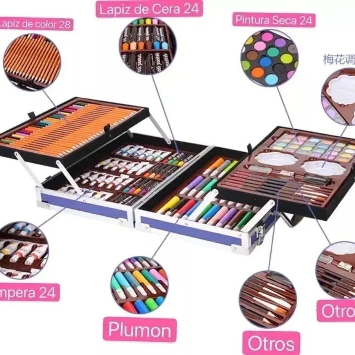 GENERICO - Kit Dibujo Niña 145 Piezas En Maleta Aluminio Doble Piso Rosado Liso