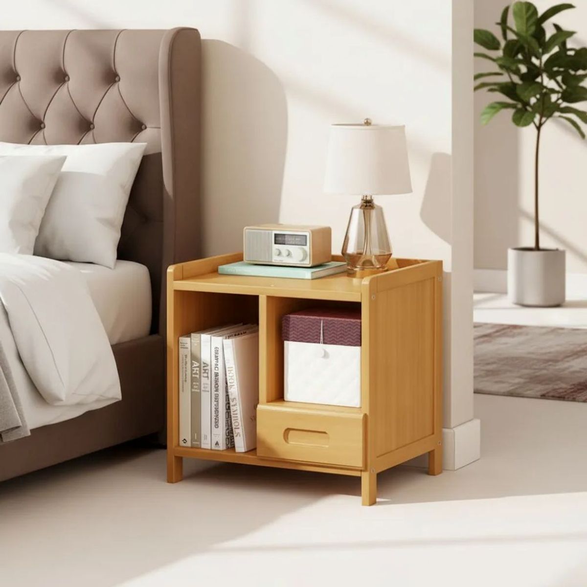 GENERICO - Velador De Bambu Con Cajon Mesa De Noche Liso Marrón