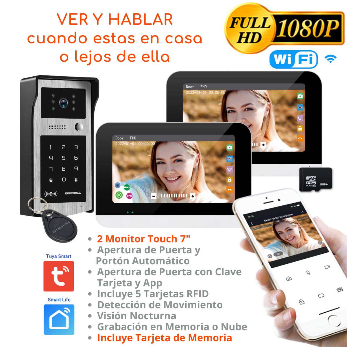 D MOTICA - Video Portero Wifi Inteligente Control Acceso - 2 Monitores