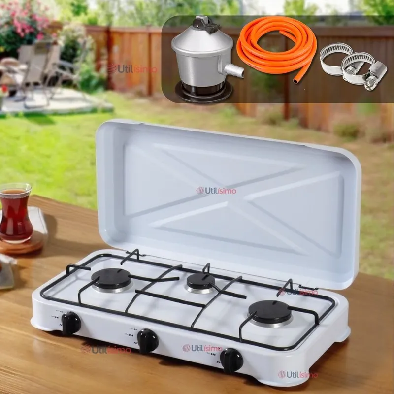 LINE - Cocina Encimera a Gas Licuado 3 Platos+KIT de instalación Cocinilla Blanco