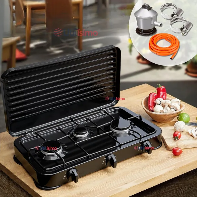 LINE - Cocina Encimera A Gas Licuado 3 Platos + Kit De Instalación Cocinilla Negro