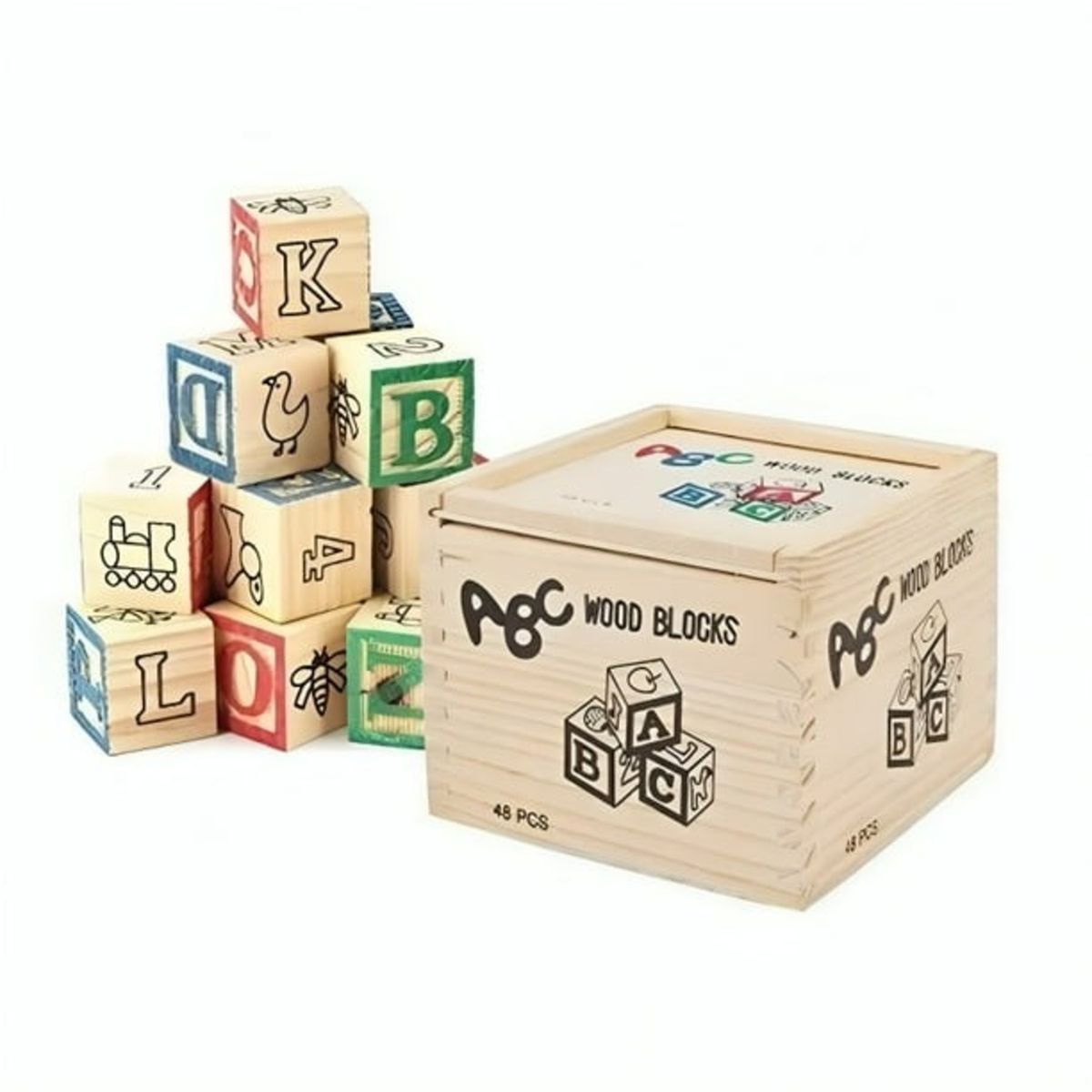 GENERICO - CUBO 48 PIEZAS MADERA LETRAS NÚMEROS