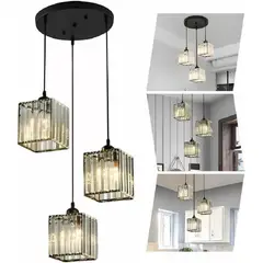 TATEE - Lámpara de araña de tres cabezas Pantalla de lámpara cuadrada negro