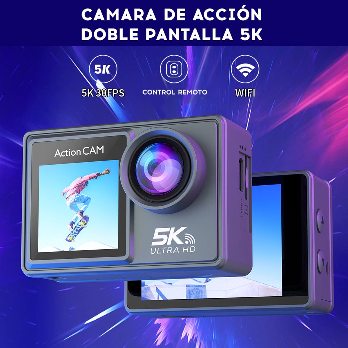 GENERICO - Cámara Acción Deportiva 5k UHD 30fps 2 Pantallas Wifi 24mpx Gris