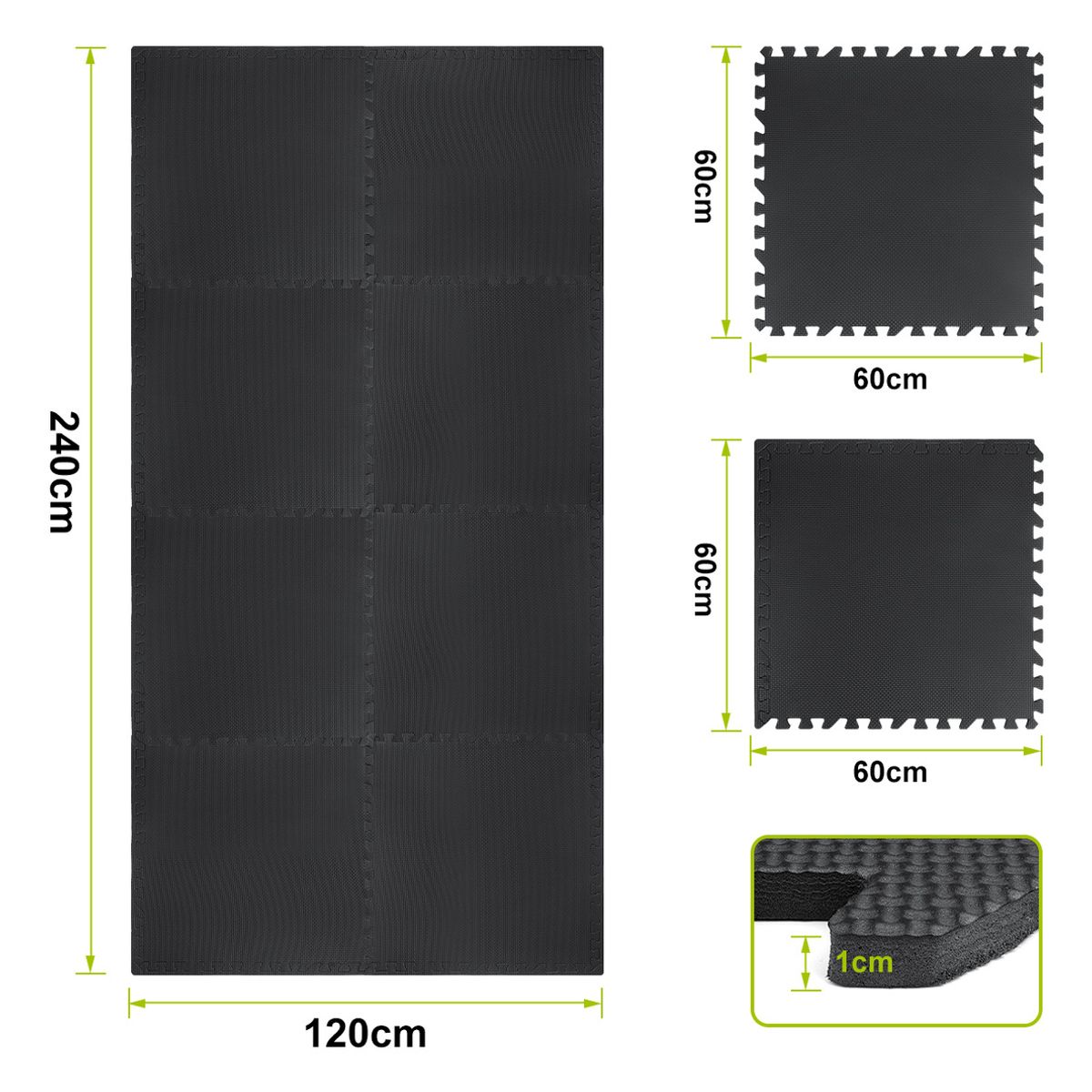 SUPERCENTER - Pack 8 Unidad Piso Deportivo Goma Eva Antigolpes 60x60 Negro