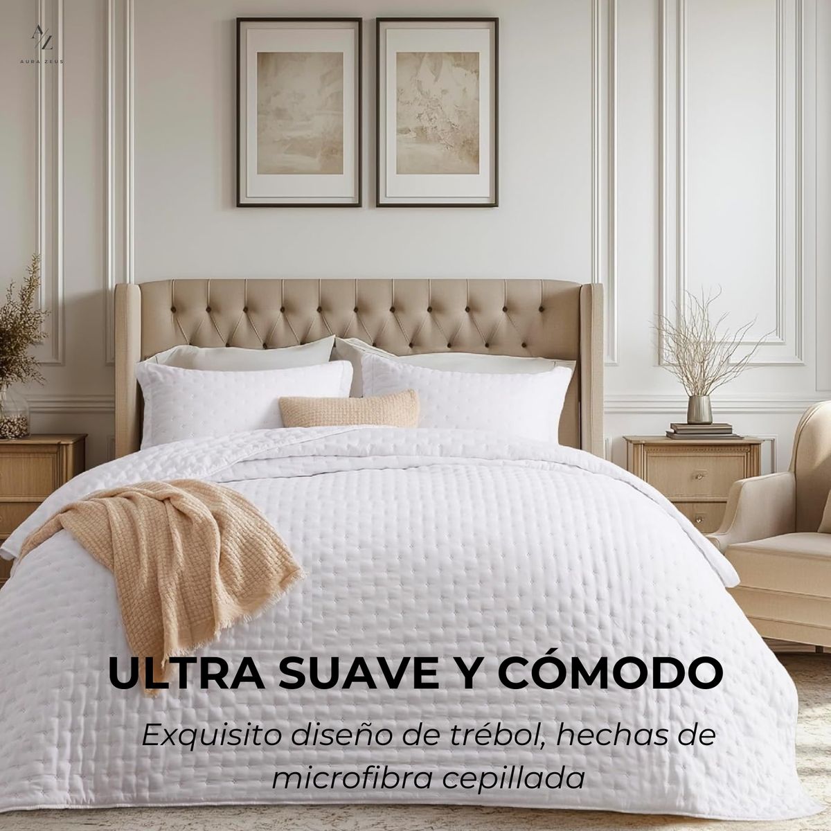 AZ AURAZEUS - Cubrecama Quilt + Fundas De Almohada Cobertores Acolchado Blanco AZ