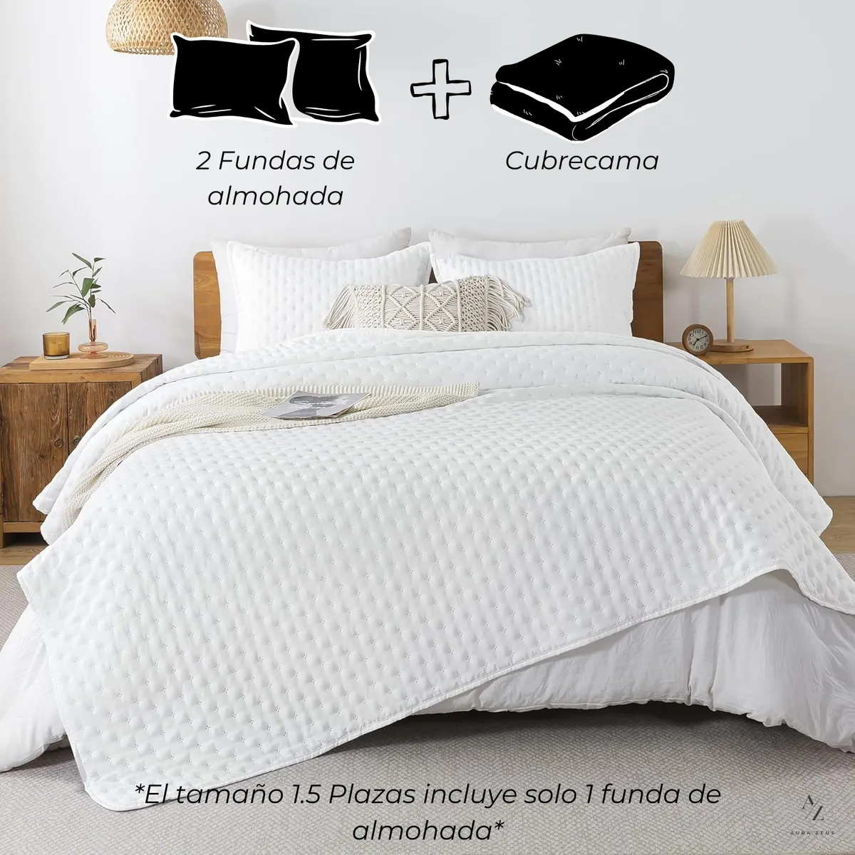 AZ AURAZEUS - Cubrecama Quilt + Fundas De Almohada Cobertores Acolchado Blanco AZ