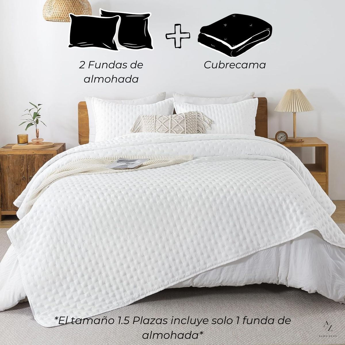 AZ AURAZEUS - Cubrecama Quilt + Fundas De Almohada Cobertores Acolchado Blanco AZ