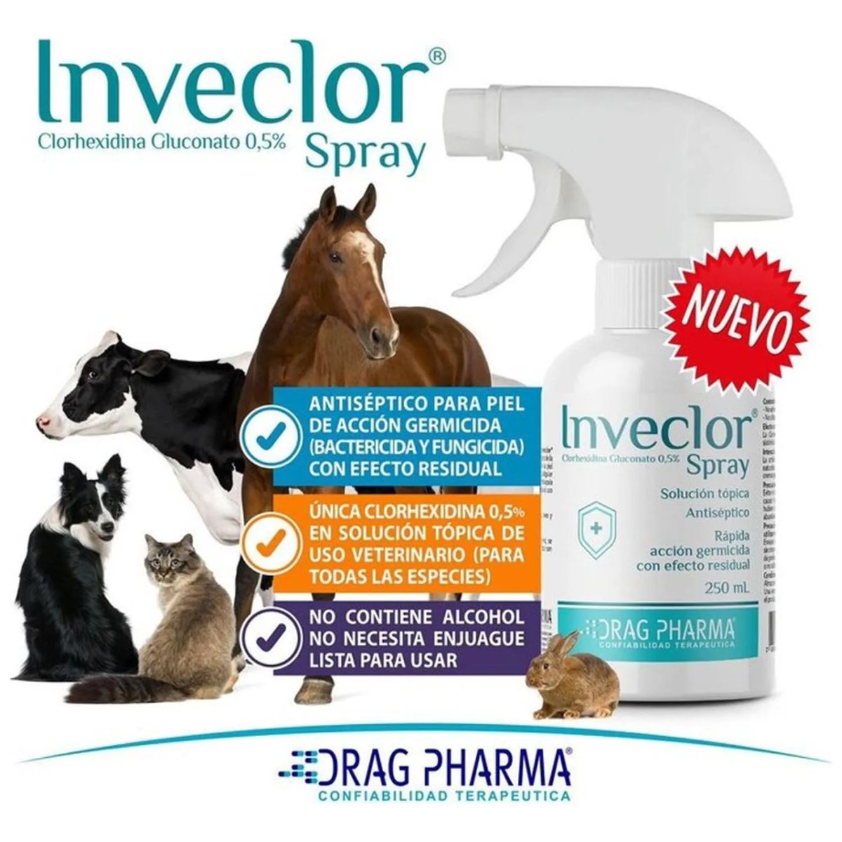 DRAG PHARMA - Inveclor Spray Solución Tópica Antiséptica 250ml Perro Gato