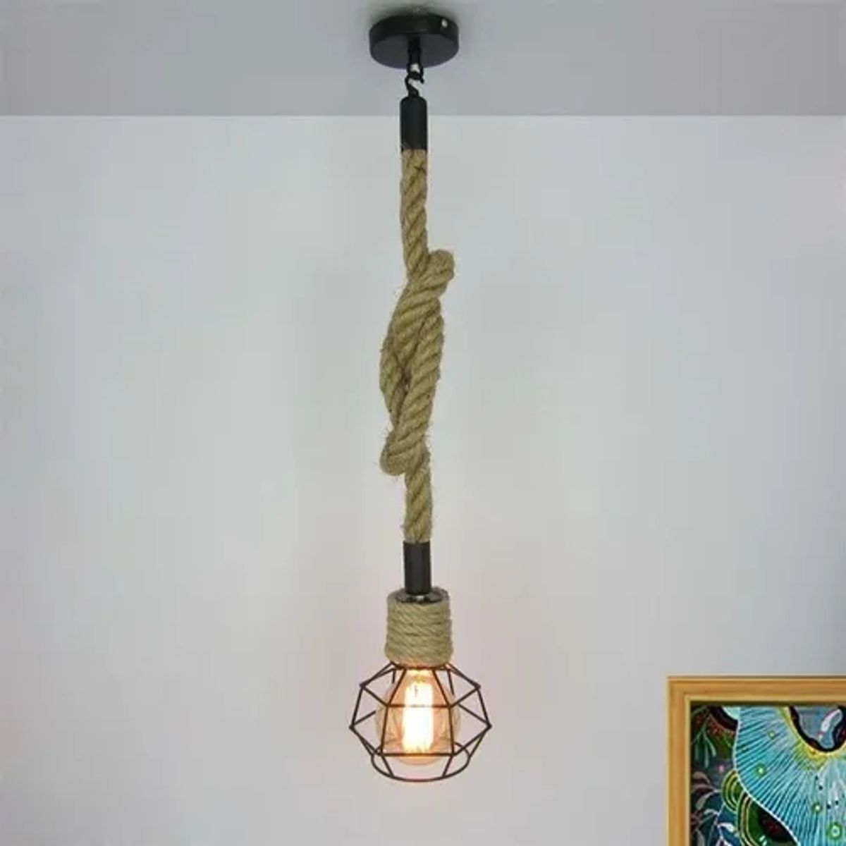 GENERICO - Lampara Techo Metal Cañamo Rustico Industrial Negro
