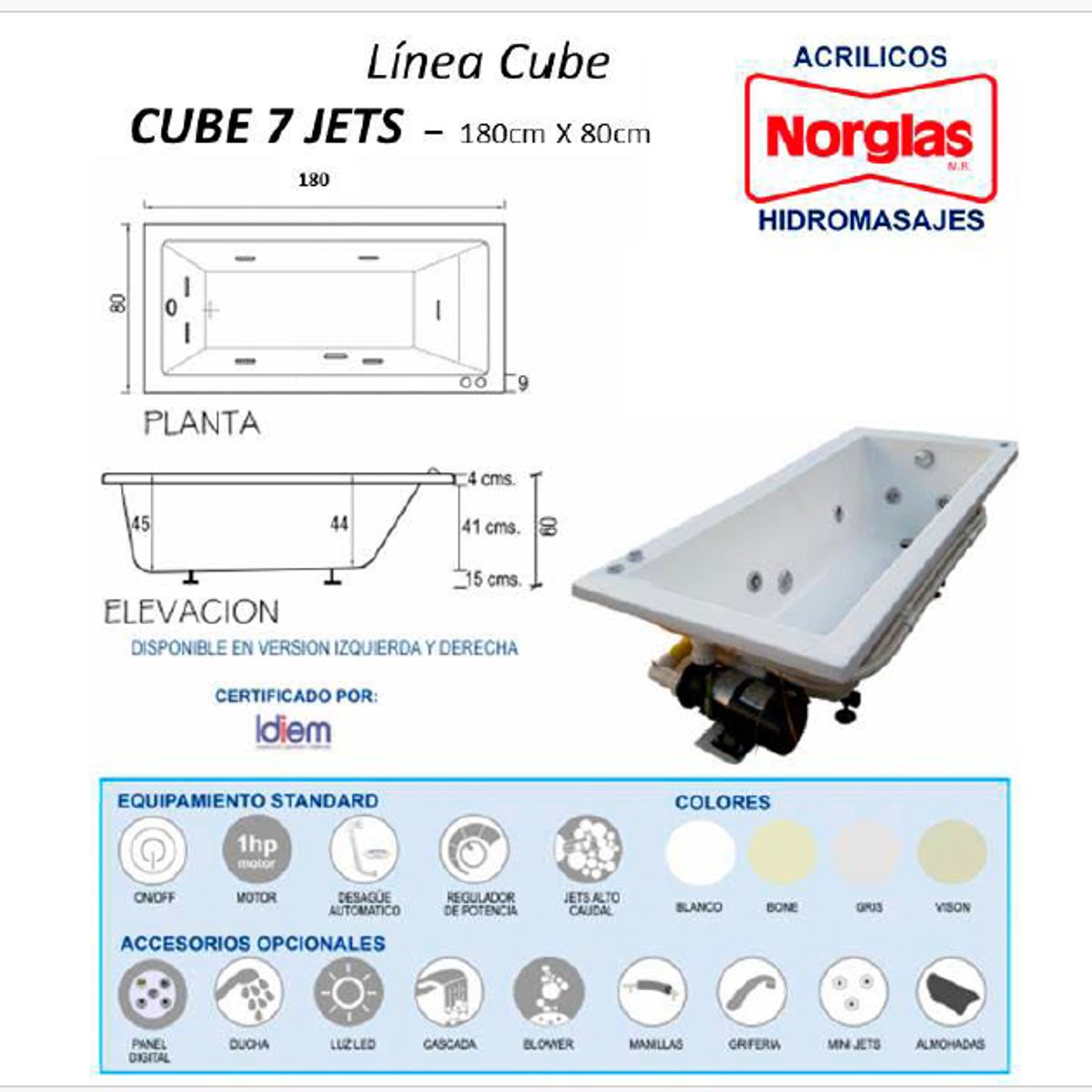NORGLAS - Tina Hidromasajes Cube 180x80 cm Izquierda para una persona