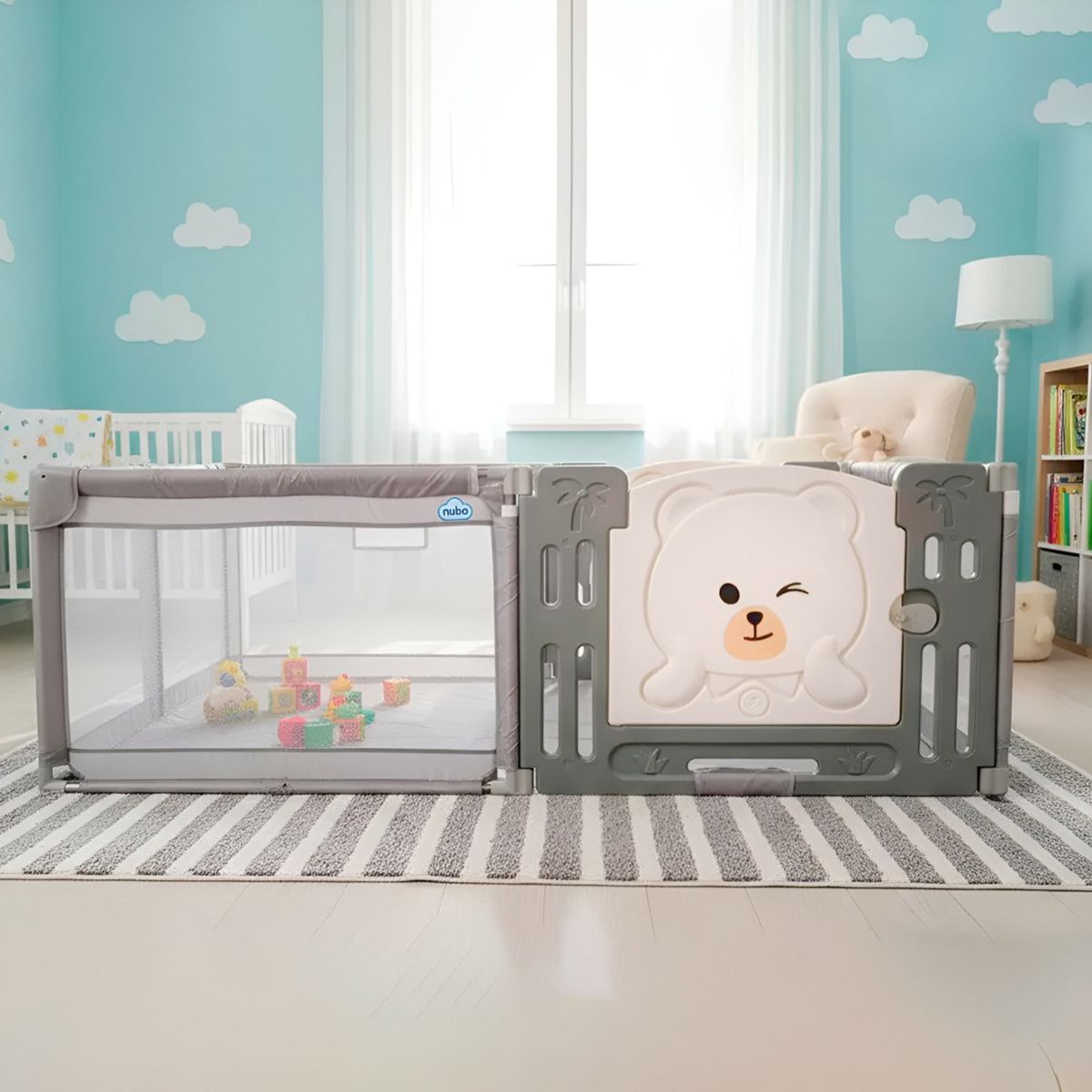 HOMEBRANDT - Corral Infantil Puerta De Oso Y Malla Oxford 120x180cm Gris