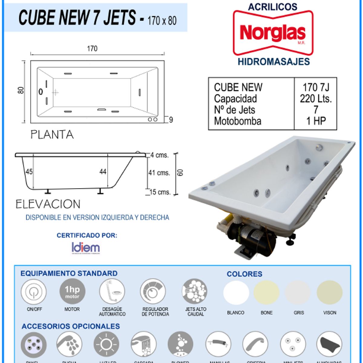 NORGLAS - Tina Hidromasajes Cube 170x80 cm Derecha para una persona