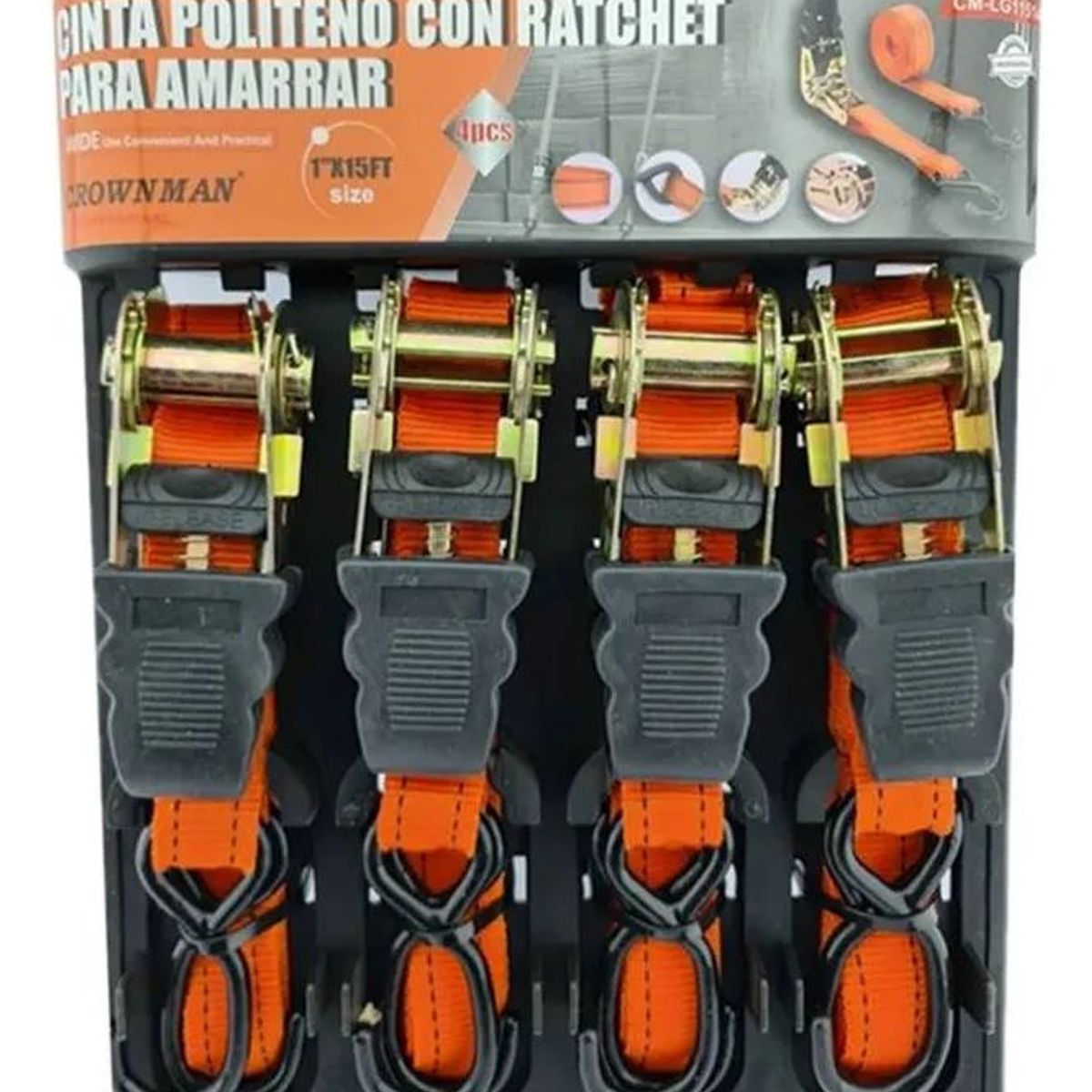 GENERICO - Jgo 4 Eslinga Cinta Amarre Con Ratchet 1 Pulgx 15 Ft Crownman