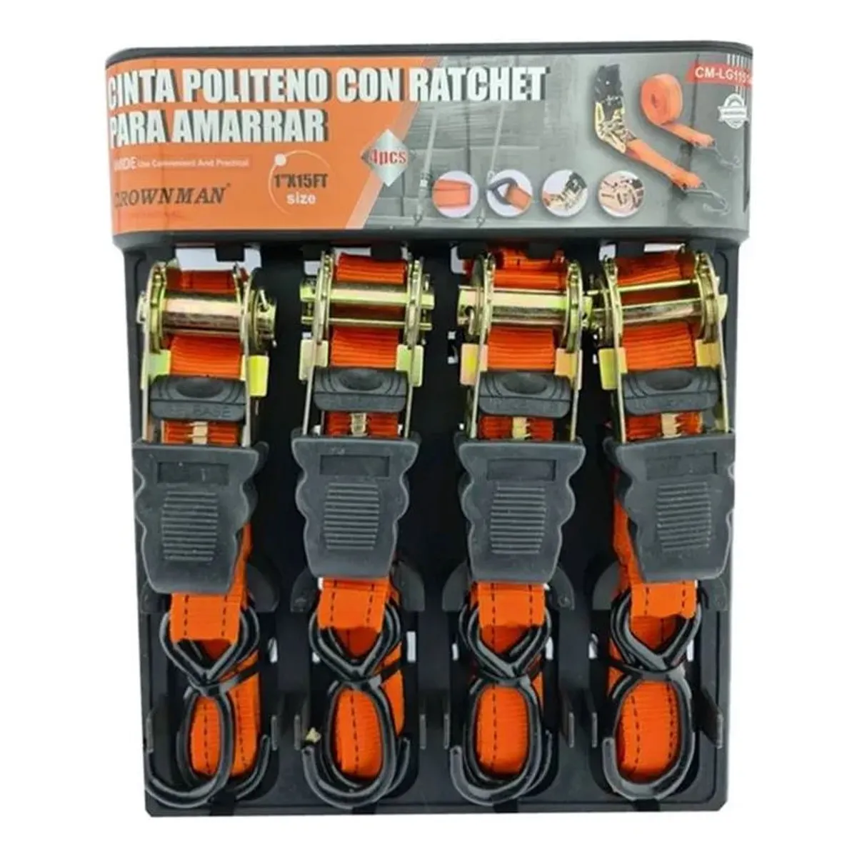 GENERICO - Jgo 4 Eslinga Cinta Amarre Con Ratchet 1 Pulgx 15 Ft Crownman