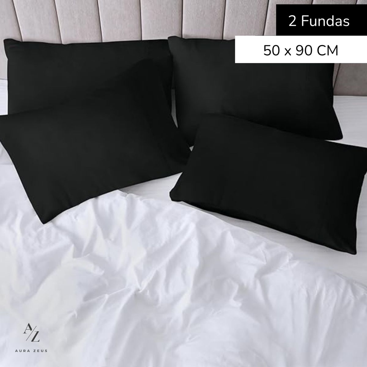 AZ AURAZEUS - Set 2 Fundas De Almohada 50 x 90 Negra Suave Hilos Aura Zeus