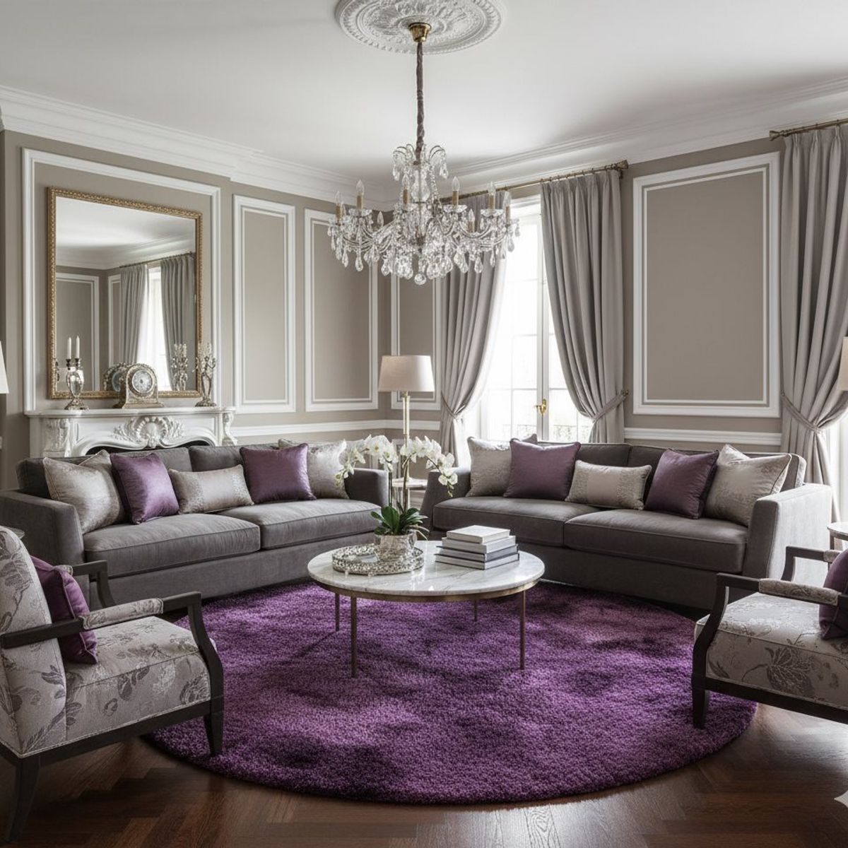 DIANA - ALFOMBRA PELUDA REDONDA DE 150CM DE DIAMETRO COLOR MORADO JASPIADO