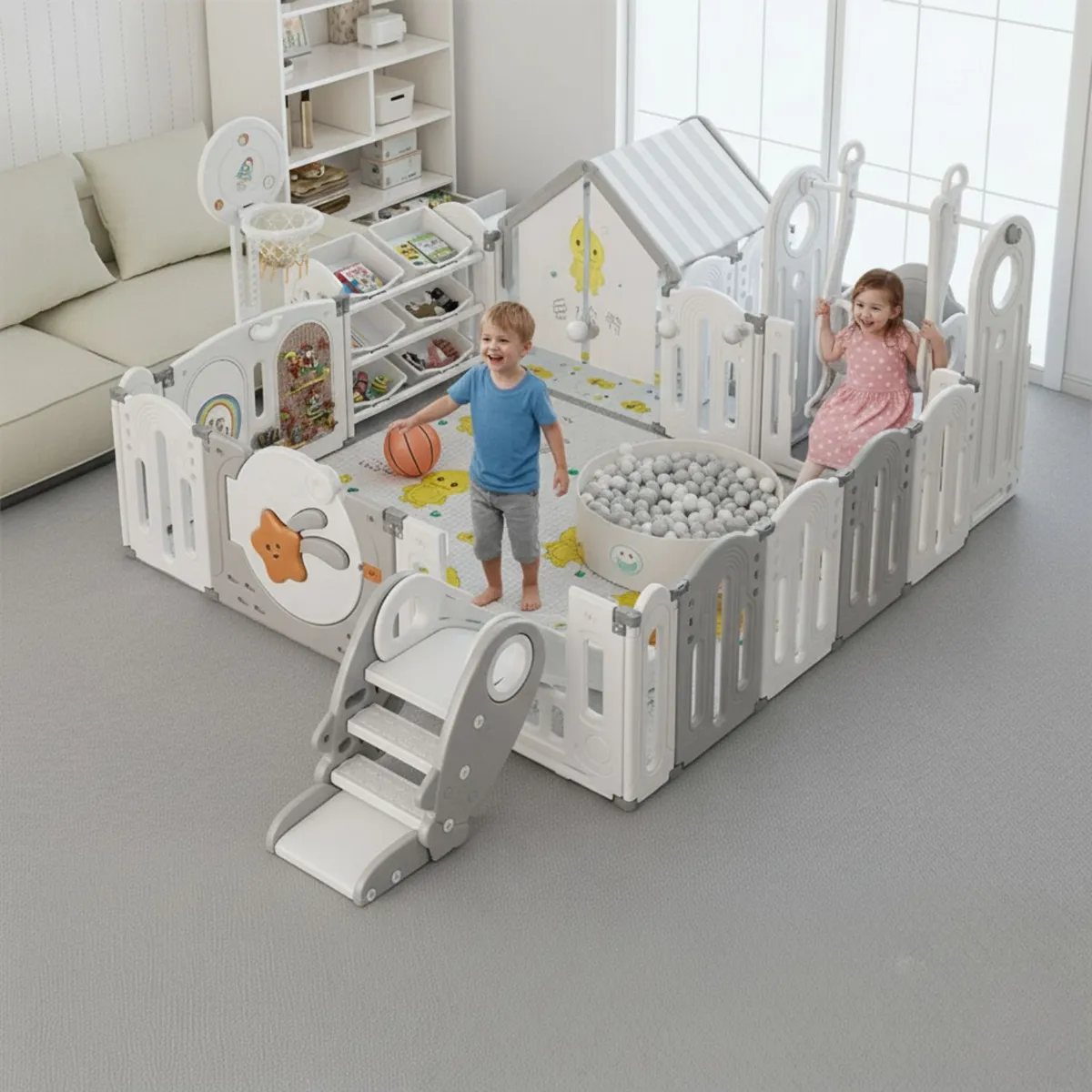 BABYLUNA - Corral Parque de Juegos XXL con Casita + Tobogán + Alfombra