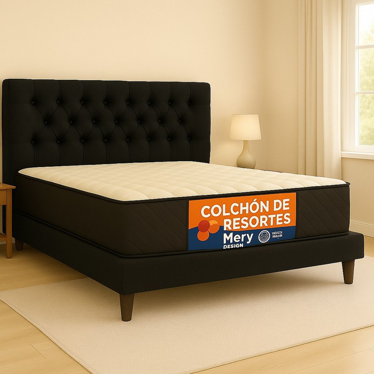 GENERICO - Cama 2 Plazas Capitone Negro + Colchon 2P Mery Desing