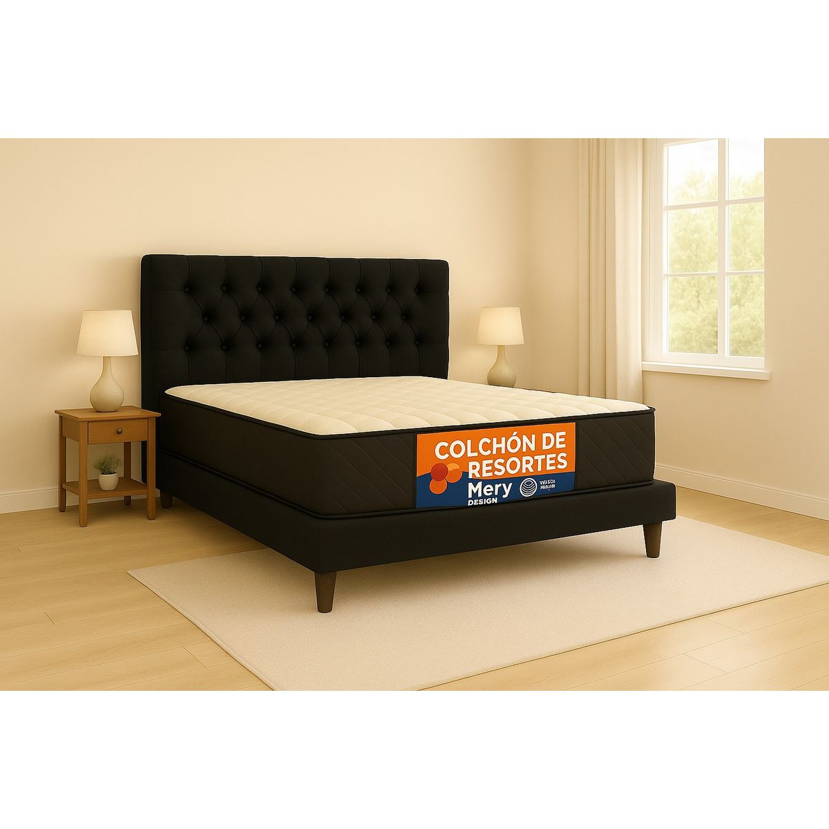 GENERICO - Cama 2 Plazas Capitone Negro + Colchon 2P Mery Desing