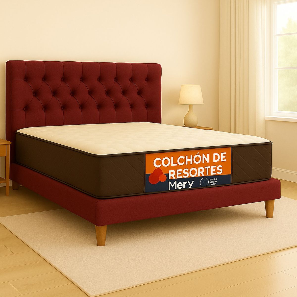 GENERICO - Cama 2 Plazas Capitone Burdeo + Colchon 2P Mery Desing