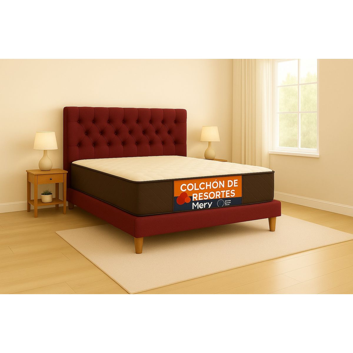 GENERICO - Cama 2 Plazas Capitone Burdeo + Colchon 2P Mery Desing