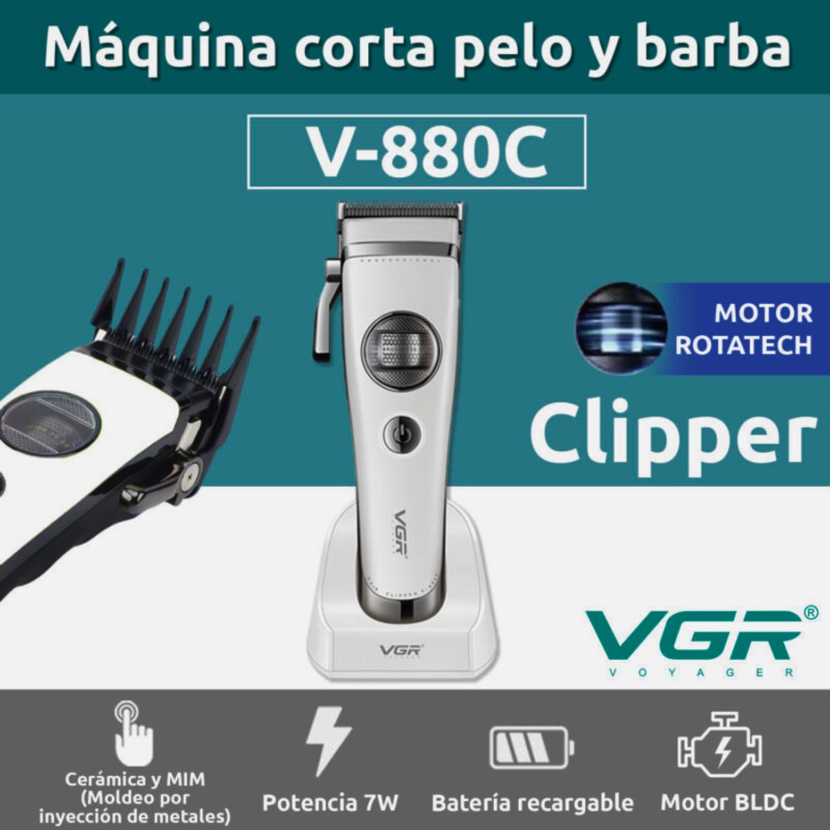 VGR - VGR V-880C Maquina Cortapelo Profesional 7200RPM Blanco