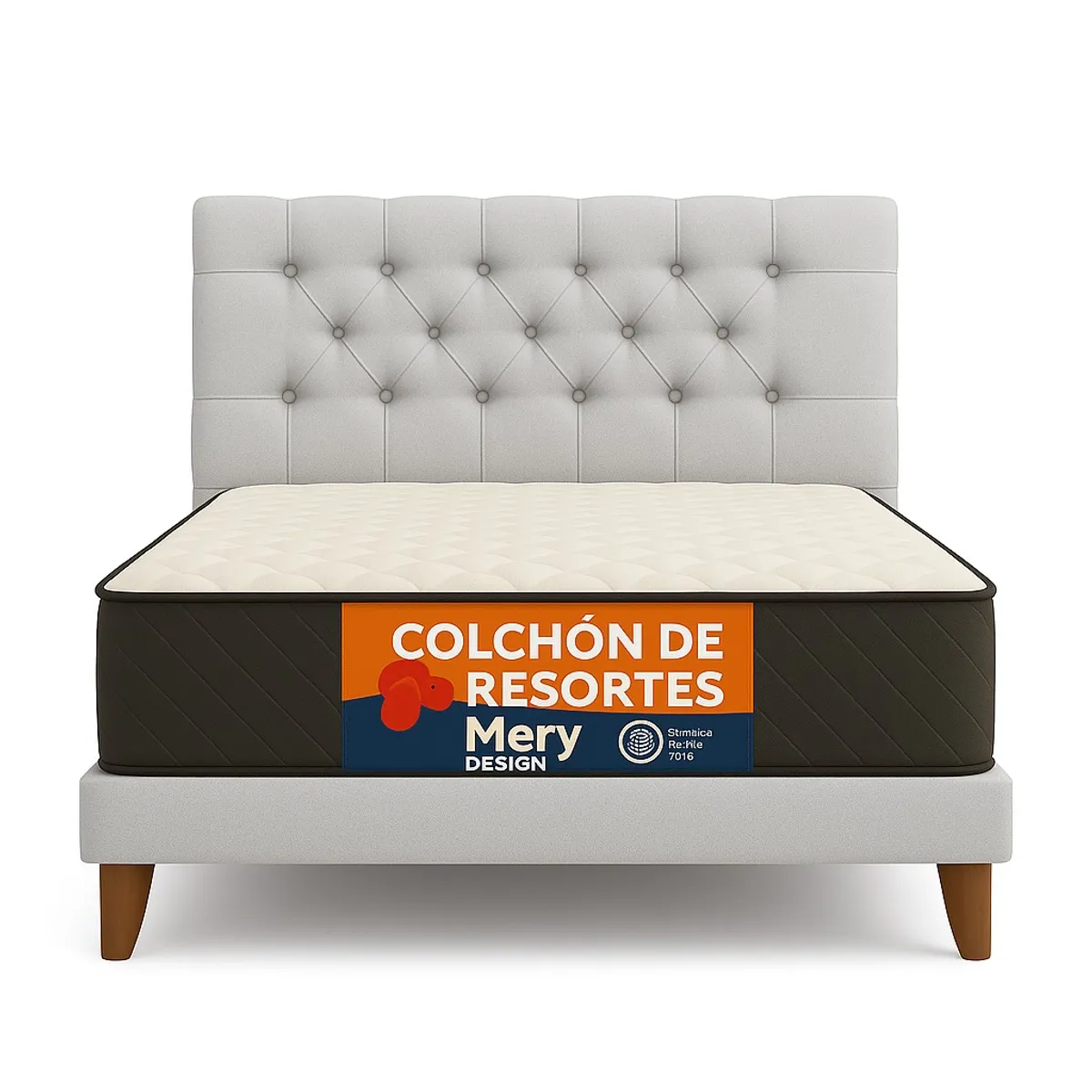 GENERICO - Cama Plaza y Media Gris Claro Capitone en Lino + Colchon Mery Desing