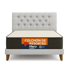 GENERICO - Cama Plaza y Media Gris Claro Capitone en Lino + Colchon Mery Desing