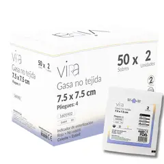 VIRA - Gasa Estéril No Tejida 7.5x7.5 50 Sobres x 2 (100u) - Blanco