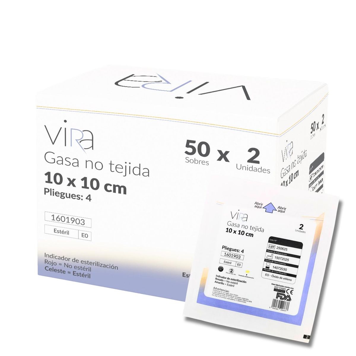 VIRA - Gasa Estéril No Tejida 10x10 50 Sobres x 2 (100u) viRa - Blanco