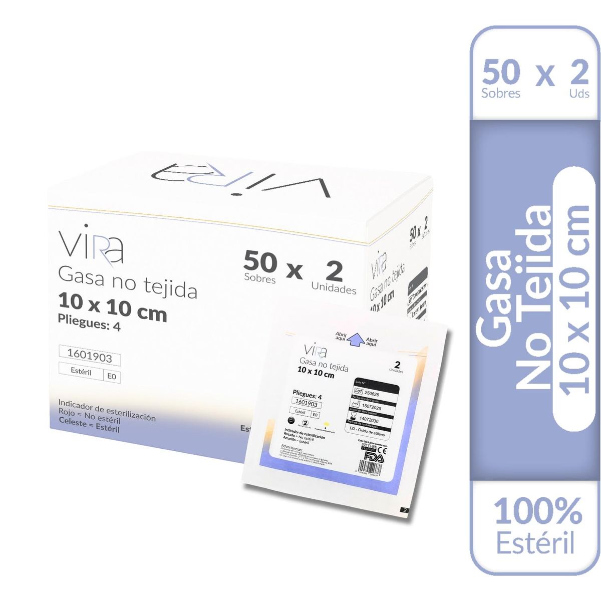VIRA - Gasa Estéril No Tejida 10x10 50 Sobres x 2 (100u) viRa - Blanco