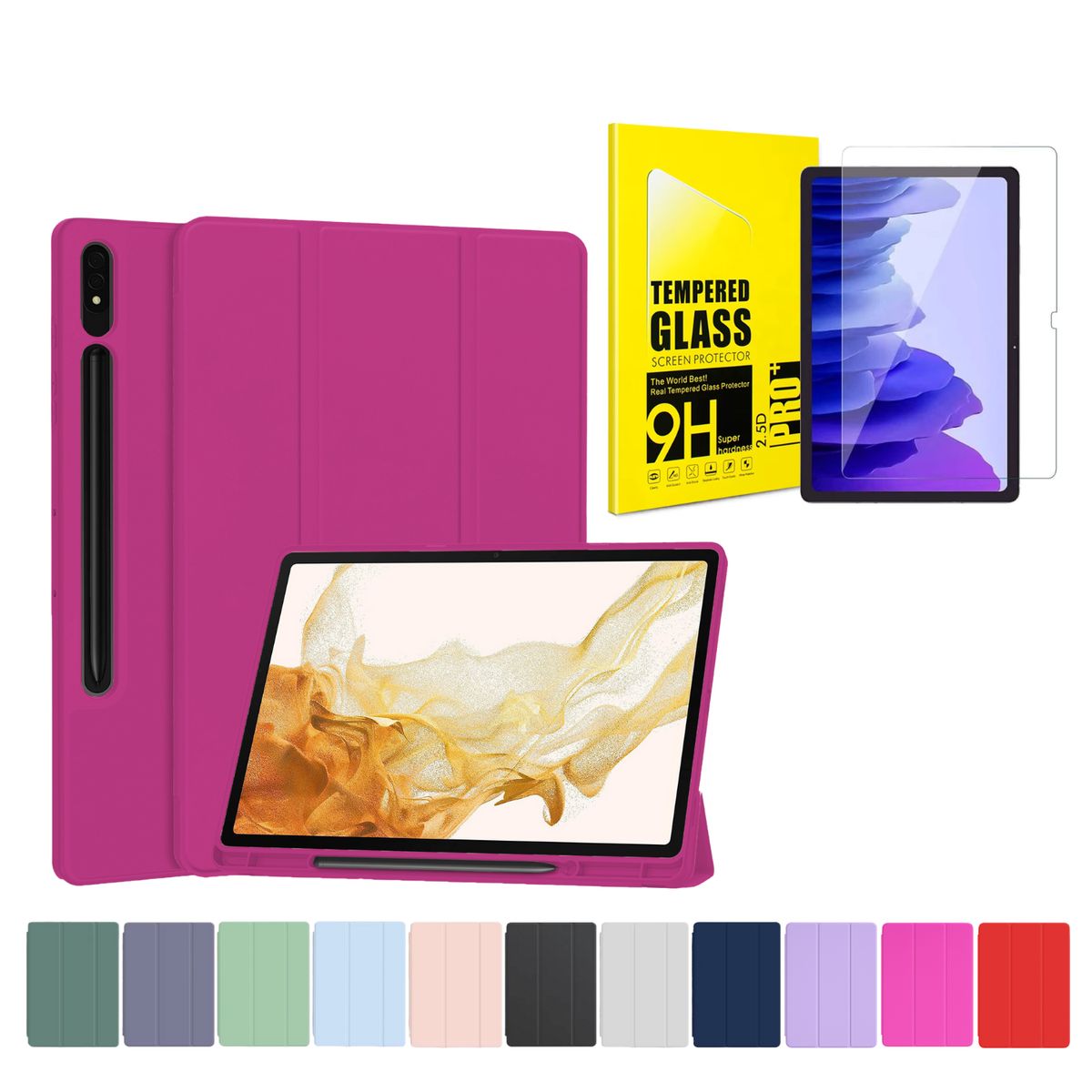 GENERICO - Funda Más Lámina De Vidrio Para Galaxy Tab S11-S10Lite-S10Fe-S9-S9Fe- Fucsia