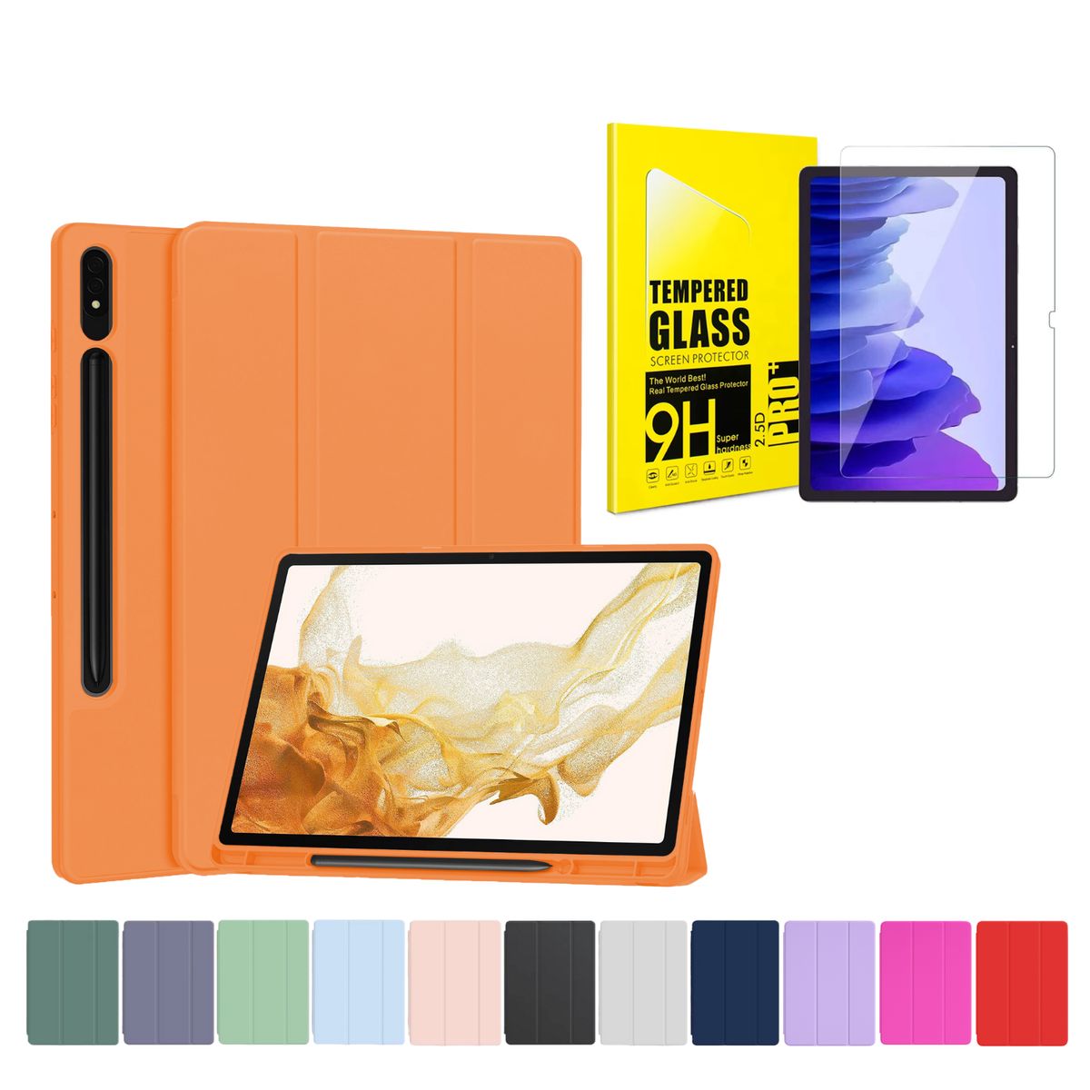 GENERICO - Funda Más Lámina De Vidrio Para Galaxy Tab S11-S10Lite-S10Fe-S9-S9Fe- Naranjo