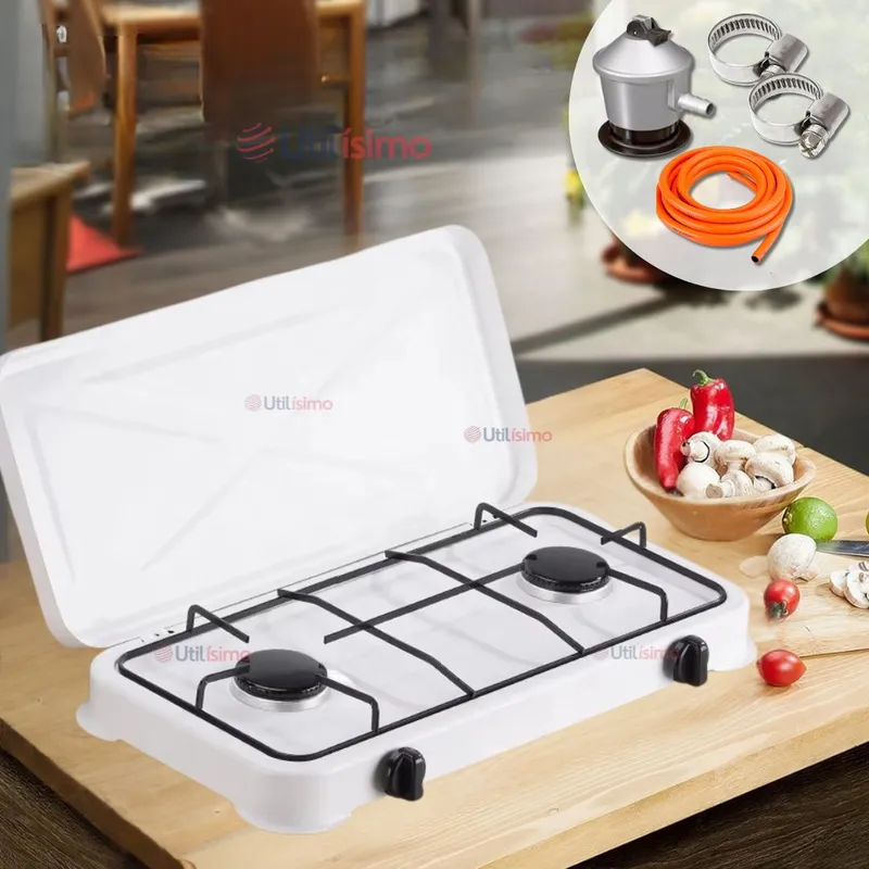 LINE - Cocina Encimera a Gas Licuado 2 Platos+KIT de instalación Cocinilla Blanco