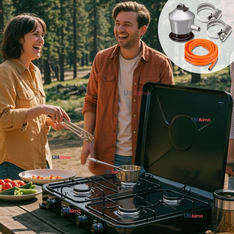 LINE - Cocina Encimera a Gas Licuado 4 Platos + KIT de Instalación Cocinilla Negro