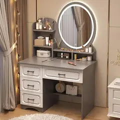 YOMYM - Tocador con cuatro cajones 80×40×137cm gris claro espejo redondo+luz LED