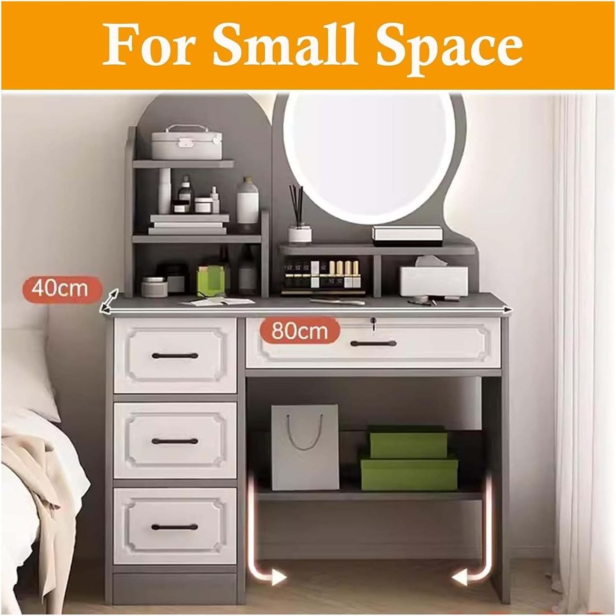 YOMYM - Tocador con cuatro cajones 80×40×137cm gris claro espejo redondo+luz LED