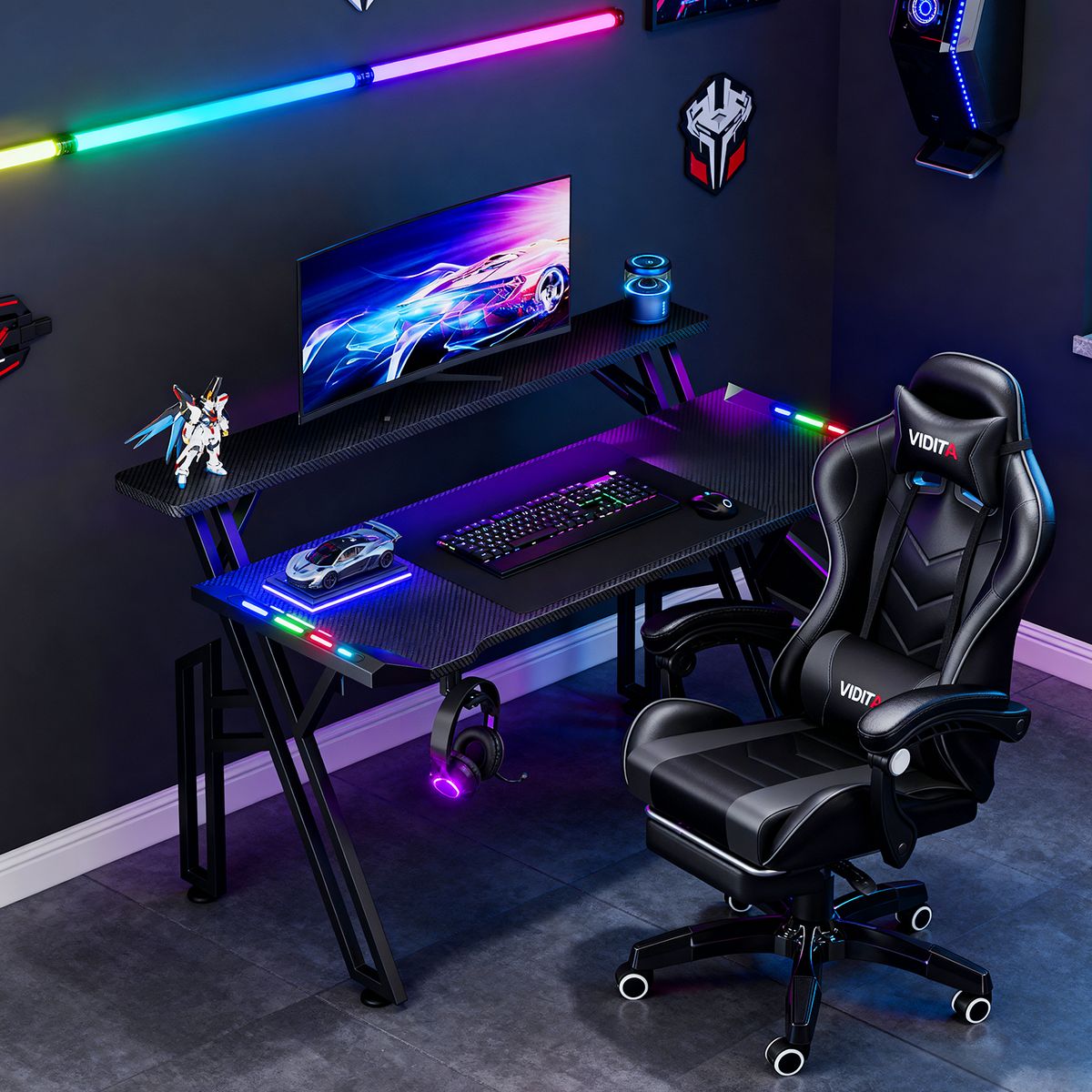 VIDITA - Set Silla Gamer Con Reposapiés y Escritorio Gamer Estantes RGB 120cm Con Luz