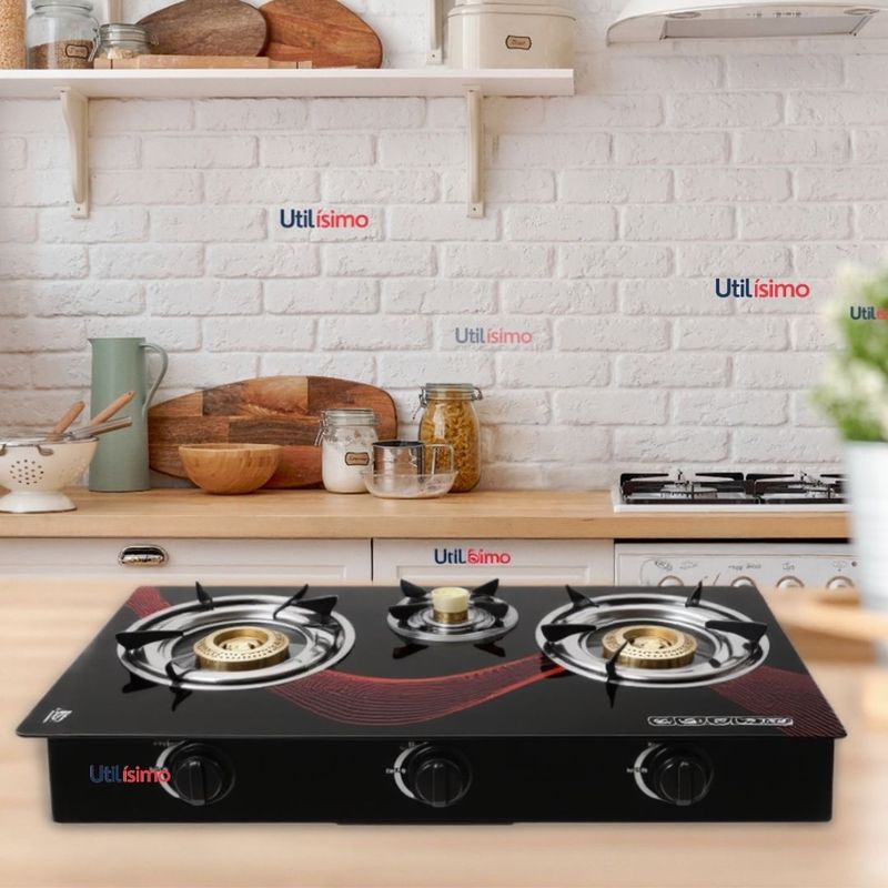 LINE - Cocina Encimera a Gas Licuado Vidrio 3 Platos Cocinilla Negro