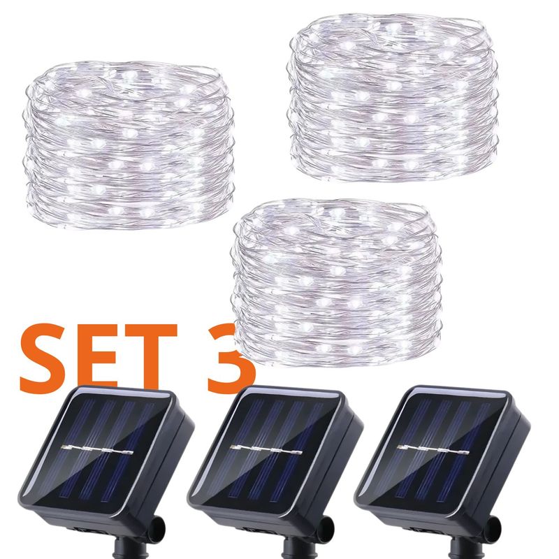 GENERICO - Set 3 Guirnalda Solar Alambre Hada Blanca 50 Led 10 Metros