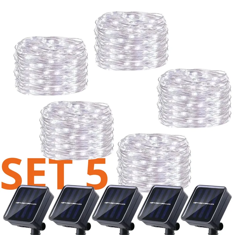 GENERICO - Set 5 Guirnalda Solar Alambre Hada Blanca 50 Led 10 Metros